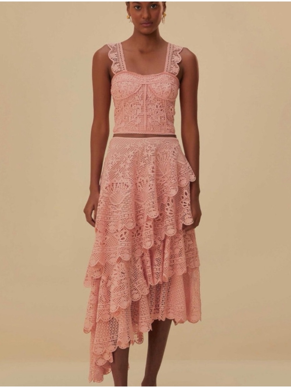 Farm Rio Lace Tiered Asymmetric Midi Skirt